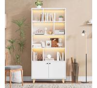 Fortuna Lai 80x30x173cmBibliothèque, pieds en bois massif, plusieurs compartiments de rangement, portes doubles, éclairage d'ambiance LED à changement de couleur, télécommande, forme simple, blanc