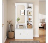 Fortuna Lai 90*40*180 cm Entrée multifonctionnelle avec espace de rangement, armoires avec rangement pour chaussures et miroir, meuble avec 2 tiroirs et 2 armoires, commodes avec étagère, blanc
