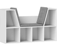 Fortuna Lai Bibliothèque avec coussin d'assise, étagère de rangement à 6 compartiments, aspect lin, petite bibliothèque pour salon, chambre à coucher, 105 x 30 x 63 cm, blanc