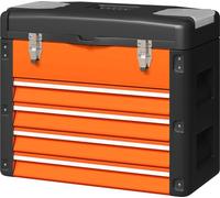 Fortuna Lai Boîte à outils vide, 49,7 x 25,3 x 40,7 cm Boîte à outils avec 4 tiroirs, mini-boîte, compartiment de rangement supérieur, poignée, coffre à outils en acier, orange