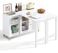 Fortuna Lai Buffet moderne blanc avec plateau rabattable et coulissant, surface pivotante, pieds métalliques dorés, portes coulissantes en verre et motif ondulé – Parfait pour la salle à manger et la 