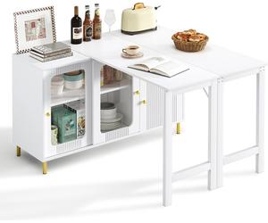 Fortuna Lai Buffet moderne blanc avec plateau rabattable et coulissant, surface pivotante, pieds métalliques dorés, portes coulissantes en verre et motif ondulé – Parfait pour la salle à manger et la