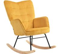 Fortuna Lai Fauteuil à bascule, fauteuil à bascule aspect berbère, accoudoirs, fauteuil avec patins en bois, fauteuil relax pour salon, chambre à coucher, jaune