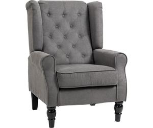Fortuna Lai Fauteuil individuel Fauteuil relax Fauteuil à oreilles avec capitonnage, pieds en bois, polyester, gris foncé, 74x86x102cm pour salon et chambre à coucher