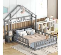 Fortuna Lai Lit d'enfant 140 x 200cm Lit de maison avec tables de nuit, lit de jeu en bois massif avec balustrade et sommier à lattes, lits plats, pour 2 enfants lit double, gris