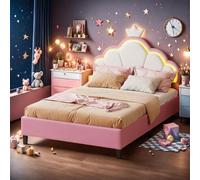 Fortuna Lai Lit d'enfant 140x200 cm rose velours lit capitonné avec lampes LED, lit couronne lit de princesse pour fille, sommier à lattes lit simple, sans matelas (140x200 cm)