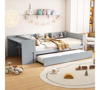 Fortuna Lai Lit d'enfant 90 x 200cm avec lit gigogne et bureau, lit simple avec étagère, lit d'invité en bois avec sommier à lattes, lit d'enfant pour adolescents, gris