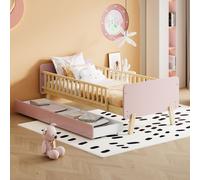 Fortuna Lai Lit d'enfant 90x190 avec 2 tiroirs, lit simple en bois massif avec sommier à lattes, rose