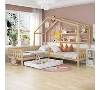 Fortuna-Lai Lit d'enfant 90x200cm/140x70cm Lit de maison en bois massif L-structure maison d'enfant avec tiroirs, étagères, clôture et sommier, pin lit de jeu maison d'enfant pour deux enfants, nature