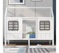 Fortuna Lai Lit d'enfant 90x200cm avec protection contre les chutes, lit de jour lit de maison avec sommier à lattes et 2 fenêtres, lit de sol en bois massif lit simple pour garçon et fille, blanc