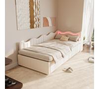 Fortuna Lai Lit d'enfant/canapé-lit 90×200 cm tissu bou lanc - Lit avec éclairage LED, espace de rangement hydraulique & sommier à lattes, lit capitonné moderne