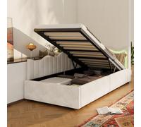 Fortuna Lai Lit d'enfant/canapé-lit 90×200 cm velours blanc - Lit avec éclairage LED, espace de rangement hydraulique & sommier à lattes, lit capitonné moderne