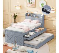 Fortuna Lai Lit d'enfant lit simple 90x190cm avec tiroir extensible sommier à lattes, table de nuit avec étagères avec prise USB Lit en bois massif pin Multifonctionnel Lit d'adolescent Lit d'invité G