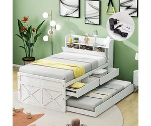 Fortuna Lai Lit d'enfant Lit simple 90x190cm avec tiroir extensible Sommier à lattes, table de nuit avec étagères avec prise USB Lit en bois massif pin Multifonctionnel Lit d'adolescent Lit d'invité B