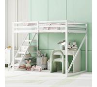 Fortuna Lai Lit d'enfant surélevé 140x200 avec échelle de sécurité, lit superposé en bois massif avec sommier à lattes adapté aux enfants, adolescents et adultes, blanc