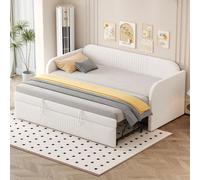 Fortuna Lai Lit rembourré Canapé-lit convertible 90/180*190 cm, à rayures verticales, avec sommier à lattes, lit multifonctionnel, tissu en lin confortable et respirant, beige (matelas non inclus)