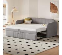 Fortuna Lai Lit rembourré Canapé-lit convertible 90/180*190 cm, à rayures verticales, avec sommier à lattes, lit multifonctionnel, tissu en lin confortable et respirant, gris clair (matelas non inclus