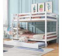 Fortuna Lai Lit superposé 140*200cm avec lit gigogne et escalier, en bois massif Lit d'enfant Lit double, Blanc