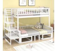 Fortuna Lai Lit superposé avec escalier, avec table réglable et canapé en bois, structure robuste en pin, lit peu encombrant, blanc (90x200cm&120 * 200cm)