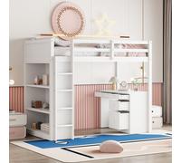 Fortuna Lai Lits superposés Lit mezzanine 90x200cm avec rangements et table d'ordinateur, Lit d'enfant Lit d'adolescent Lit en bois massif, Blanc