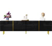 Fortuna Lai Meuble TV moderne 170 x 35 x 46 cm, 4 portes, bois MDF, finition noire et or brillante
