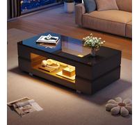 Fortuna Lai Table basse LED noire avecvia application Bluetooth, table design creuse à double couche brillante, idéale pour les fêtes, les bureaux, les salons