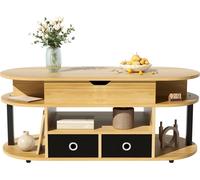 Fortuna Lai Table basse pliante, table de salon avec veines de bois et tiroirs noirs, 105x50x45/60 cm