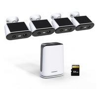 FOSSENXE 2K Camera Surveillance WiFi Exterieure sans Fil Solaire, 166° PIR | Kit 4 Caméras+Base, Panneau Solaire Intégré, 64 Go Local, Sans Abonnement, 2.4/5G WiFi, Vision Nocturne, 2-Way Audio, 1P65