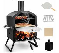 Four à pizza d'extérieur - 2 étages, chauffé au charbon - Acier inoxydable - Pierre à pizza et pelle à pizza - Grille de barbecue - Housse imperméable - Noir
