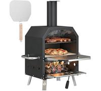 Four à Pizza Extérieur à Bois et Charbon - Combiné Barbecue Fumoir 2 Étages avec Pierre de 30 cm et Pelle - Portable avec