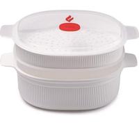 Four à vapeur pour micro-ondes avec 2 récipients de cuisson, 4 l, Four à vapeur avec tamis pour le micro-ondes, 26,5 x 22 x 13,5 cm, Couleur : blanc et rouge