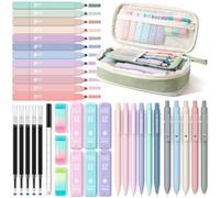 Four Candies 39 PCS Fournitures Scolaires Avec étui à Crayons, 6 Porte Mines de 0,5 et 0,7 mm, 5 Stylos à Encre Gel Noire,12 Surligneurs Pastel Comprend 6 Tubes de Mines et 3 Gommes (Vert)