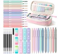 Four Candies Lot de 39 fournitures scolaires esthétiques avec jolie trousse à stylos, 12 surligneurs pastel, 5 stylos à encre gel noire, 6 porte-mines de 0,5 et 0,7 mm pour étudiants (rose)