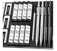 Four Candies Lot de 4 porte-mines en métal avec étui, 0,5 mm et 0,7 mm, 8 tubes (480 pièces) mine HB, 3 gommes, 9 recharges de gomme pour dessin, noir et argent