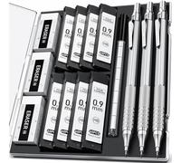 Four Candies Lot de 480 porte-mines en métal de 0,9 mm avec étui, 8 tubes (480 pièces), mines HB, 3 gommes, 9 recharges de gomme, ingénieurs, écriture, dessin, argent