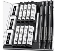 Four Candies Lot de porte-mines de 0,9 mm avec étui, crayon d'artiste en métal avec 8 tubes (480 pièces), mines HB, 3 gommes, 9 recharges de gomme pour ingénieurs, écriture, dessin, Noir