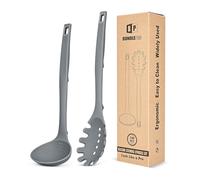Fourchette à pâtes en silicone et louche - Résistant à la chaleur - Antiadhésif - Avec crochets arrière - Convient pour cuisiner, remuer, servir des spaghettis, de la soupe, de la sauce (gris)