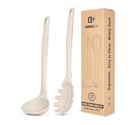 Fourchette à pâtes en silicone et louche - Résistant à la chaleur - Antiadhésif - Avec crochets arrière - Convient pour cuisiner, remuer, servir des spaghettis, de la soupe, de la sauce (kaki)