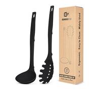 Fourchette à pâtes en silicone et louche - Résistant à la chaleur - Antiadhésif - Avec crochets arrière - Convient pour cuisiner, remuer, servir des spaghettis, de la soupe, de la sauce (noir)
