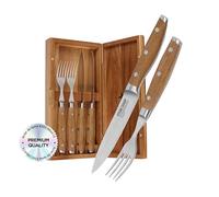 Fourchette à viande et couteau à steak Steak Champ, 2 x 2 pièces : Fourchettes et couteaux en acier à lame, affûtés au micro-ondes, set de 4 pièces, boîte en bois incluse