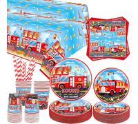 Fournitures de fête camion de pompier vaisselle dîner assiettes dessert tasses serviettes nappe pailles pour bébé douche accessoires servis 40 (40)