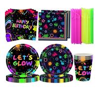 Fournitures de fête d'anniversaire au néon, assiettes en papier jetables, serviettes, gobelets pour enfants, décorations de cadeaux qui brillent dans la nuit cake topper