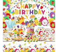 Fournitures de fête d'anniversaire de fruits, comprend une toile de fond « Happy Birthday », des assiettes, des décorations de cupcakes, des serviettes, des tasses, des nappes, pour 20 personnes