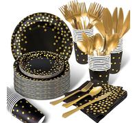 Fournitures de fête noires et dorées, assiette à pois, vaisselle de fête jetable, cuillère dorée noire, fourchette, tasse, nappe pour remise de diplôme 10pcs straw