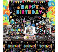 Fournitures de fête scientifique, comprend une toile de fond « Happy Birthday », des assiettes, des nappes, des tasses, des ballons et des pailles, pour décoration de laboratoire Little Scientist pour