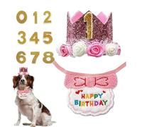 Fournitures Fête Anniversaire Chien - Bavoir Foulard Chapeau Réglable avec Set Numéros 1-8 Complet | Décorations Anniversaire Animal Tissu Doré | pour Photos Animal Chat Maison Intérieur, Taille Bavo