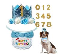 Fournitures Fête Anniversaire Chien - Bavoir Foulard Chapeau Réglable avec Set Numéros 1-8 Complet | Décorations Anniversaire Animal Tissu Doré | pour Photos Animal Chat Maison Intérieur, Taille Bavo