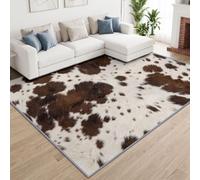 Fourrure Naturelle Brun Blanc Tapis Salon 140x200cm, Lavable Moquette | Tapis de Salon Antidérapant à Poil Ras, Texture Cuir Vache Western Rustique Doux Tapis Chambre pour Salle à Manger Couloir