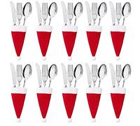 FOUTP 10 PCS Couverts Costume de Père Noël en Chiffon Brossé 13 * 6.5cm Porte Couvert Noel Anti-Usure Decoration de Table Noel Durable pour Couteau Fourchette Baguettes Fête Mariage Table à Manger