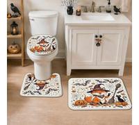 Foxes - Lot de 3 tapis de salle de bain fantaisie, motif citrouilles saisonnières, balai, Halloween, séchage rapide, absorbants, pour toilettes, salle d'eau, décoration d'évier